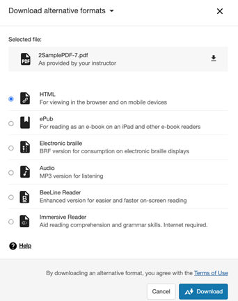 A list of alternative formats available, including HTML, ePub, electronic braille, and audio.