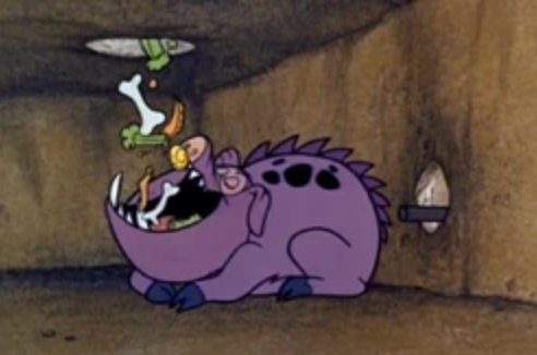 Cartoon dinosaur with pig-like features in a basement with wide open mouth catching a stream of food scraps and bones coming through a hole in the ceiling