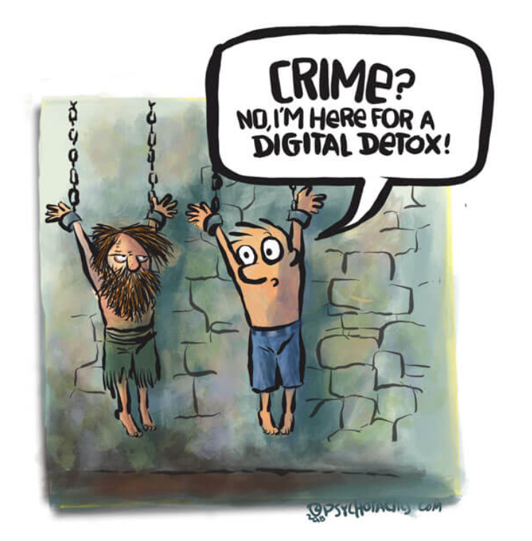 Drawing of two captives dangling by their wrists in a dungeon. One, who looks more clean-shaven and less tattered (so newer to the dungeon) is saying "Crime? No, I'm here for a digital detox!)