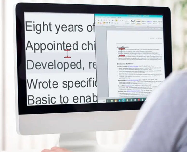 A screen with enlarged text, which is used by low-vision individuals to navigate the web.