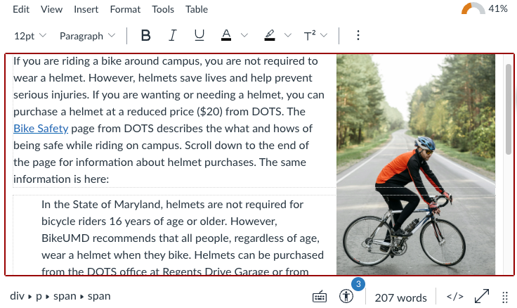 The rich content editor of ELMS-Canvas, with the Ally Accessibility score in the top right corner and Check Accessibility icon in the bottom right corner.