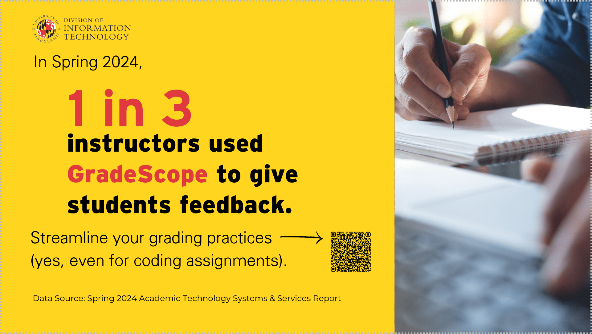In Spring 2024, 1 in 3 instructors used GradeScope to give students feedback. Streamline your grading practices (yes, even for coding assignments) at https://itsupport.umd.edu/itsupport?id=kb_article_view&table=kb_knowledge&sys_kb_id=48915e6d1b95fd14642d5287624bcb4b